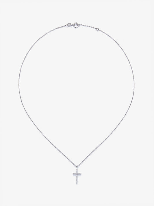 Colgante cadena cruz de oro blanco de 18K con diamantes