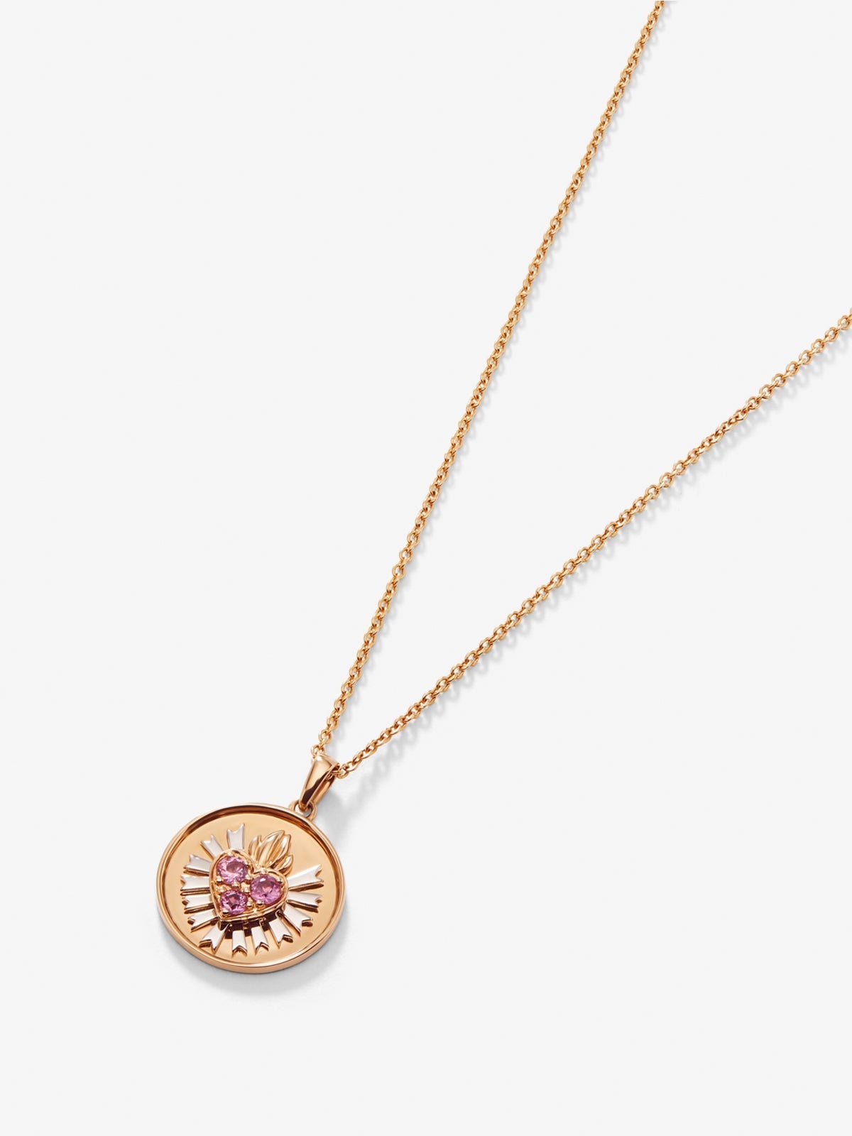 Colgante de oro blanco y rosa de 18K con 3 zafiros rosas en talla brillante con un total de 0,15 cts