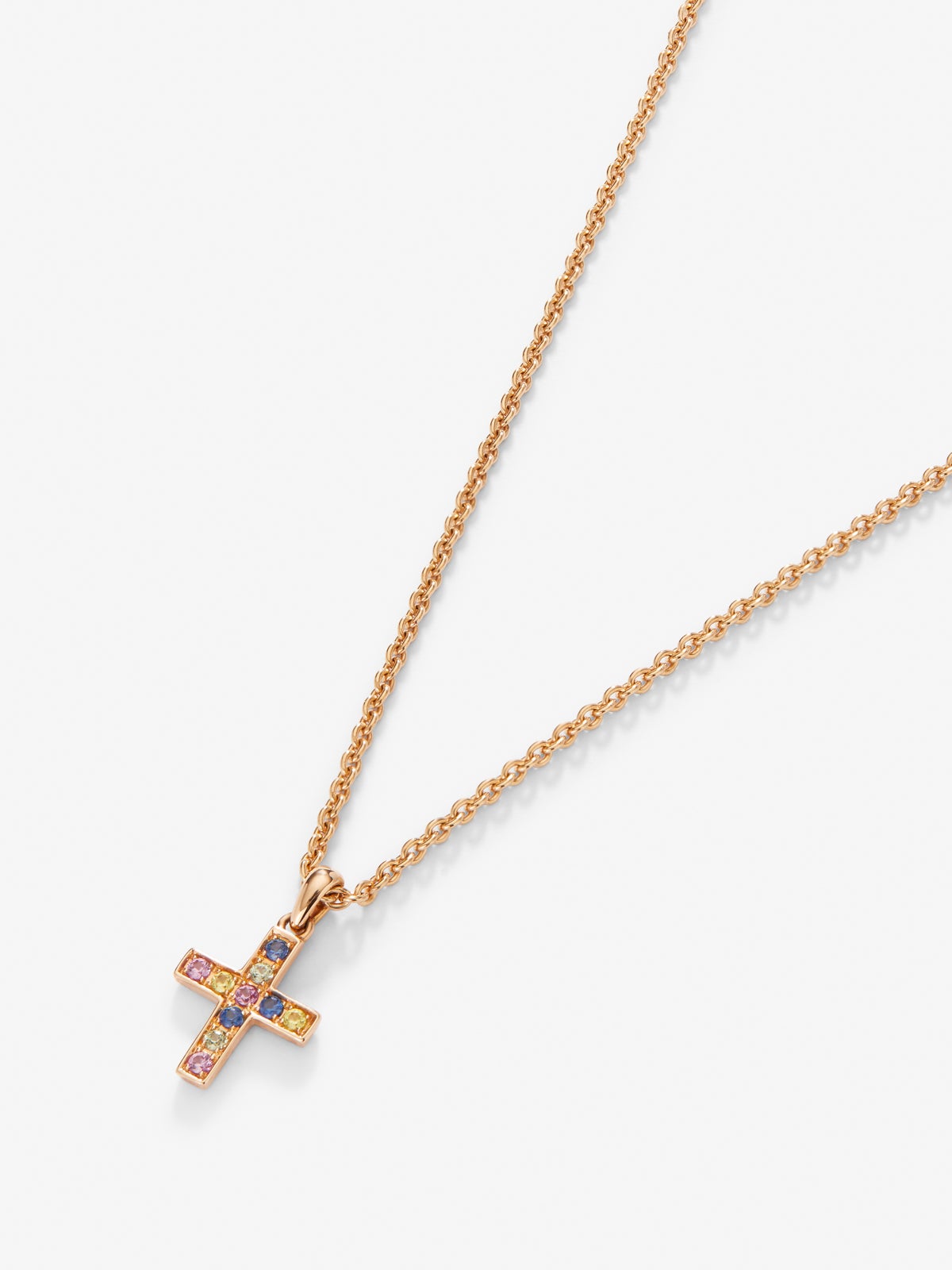 Colgante de oro rosa de 18K con zafiros multicolor con forma de cruz