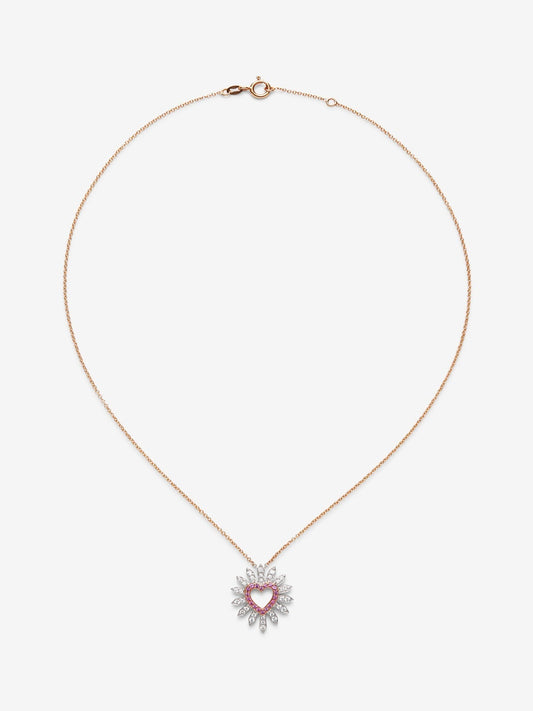 Colgante de corazón de oro blanco y rosa de 18K con diamantes blancos en talla brillante de 0,37 cts y zafiros rosas en talla brillante de 0,2 cts