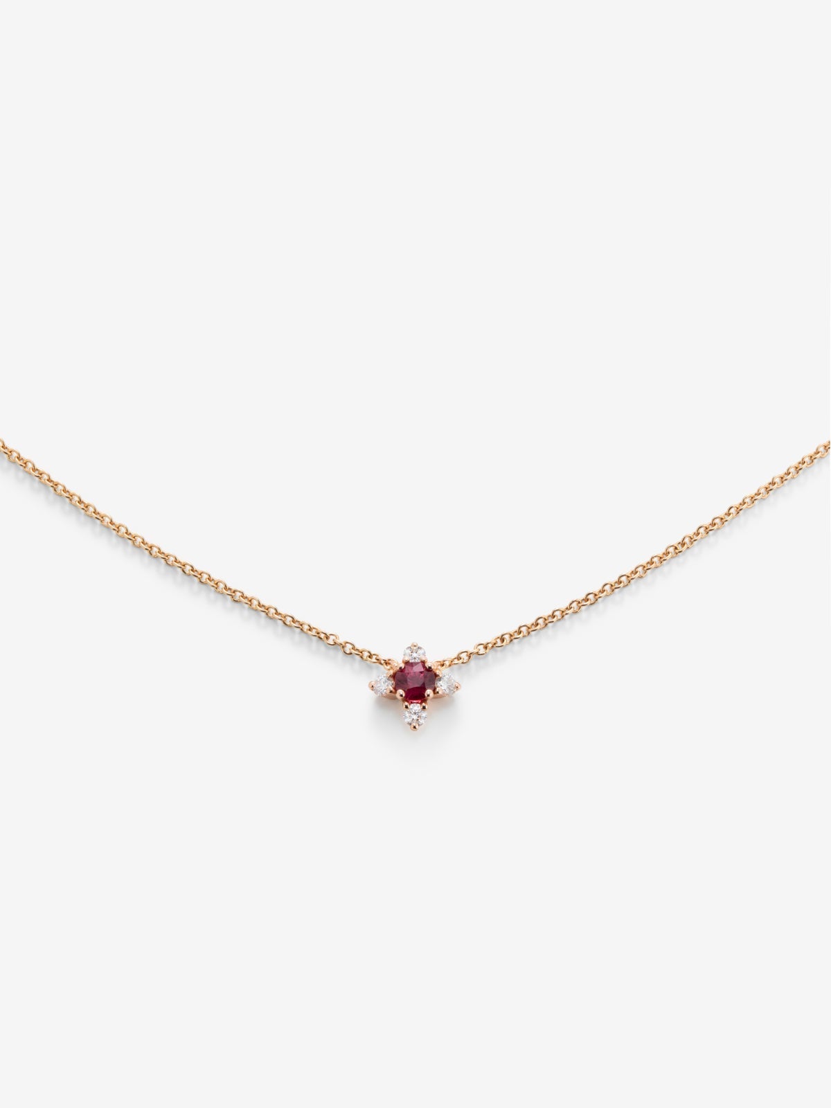 Colgante cadena flor de oro rosa de 18K con rubí y diamantes