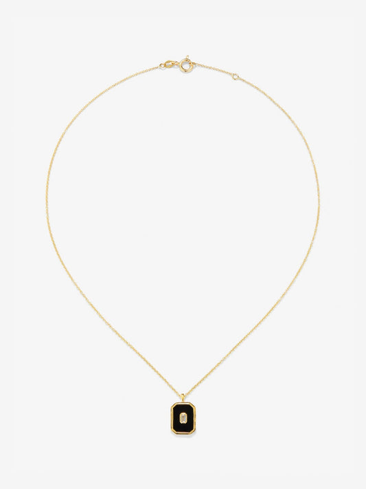 Colgante de oro amarillo de 18K con ónix negro de 1,45 cts y diamante blanco en talla esmeralda de 0,1 cts
