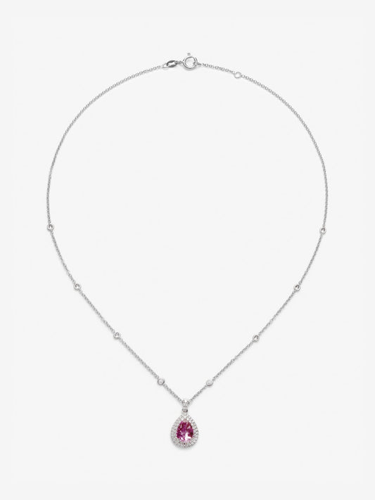 Colgante de oro blanco de 18K con un zafiro rosa cornflower en talla pera