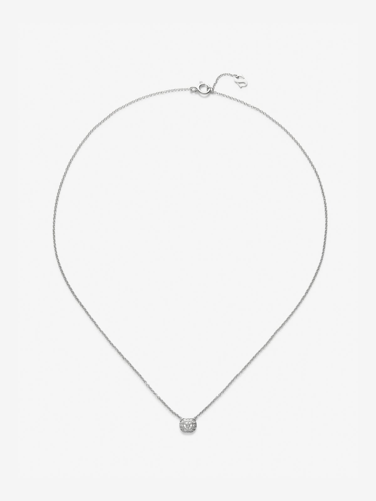 Colgante de oro blanco de 18K con diamante central en talla brillante de 0,1 cts y 12 diamantes en talla brillante con un total de 0,15 cts