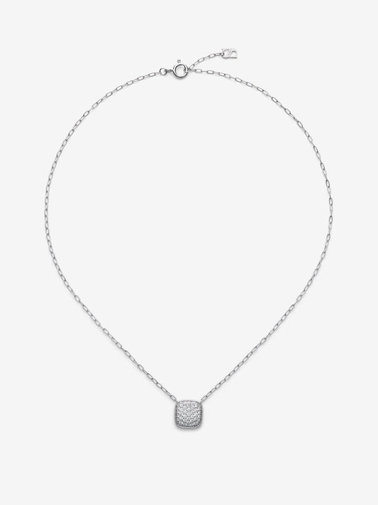 Colgante de oro blanco de 18K con motivo central geométrico con pavé de diamantes en talla brillante