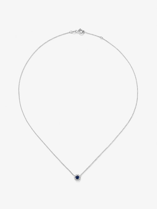 Colgante de oro blanco de 18K con zafiro azul en talla brillante y diamantes