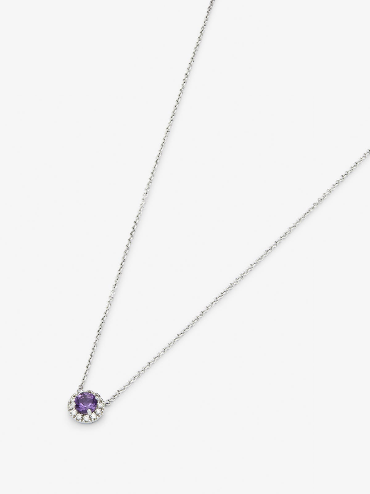 Colgante de oro blanco de 18K con amatista morada 0,44 cts y diamantes 0,14 cts
