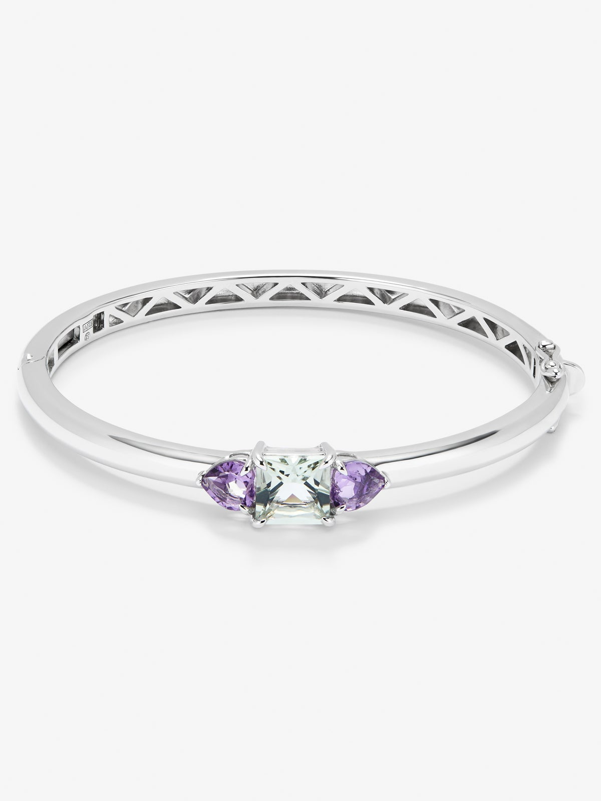 Pulsera de plata 925 con amatista verde en talla princesa de 2,19 cts y amatistas moradas en talla corazón de 1,6 cts