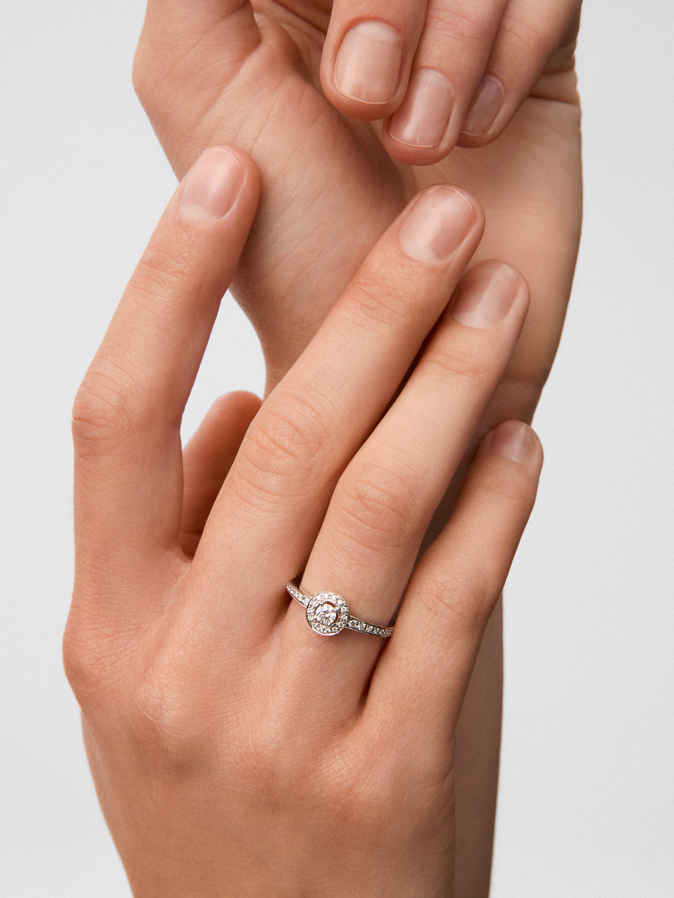 Anillo solitario de oro blanco de 18K con diamante central en talla brillante de 0,15 cts y orla y brazo con 30 diamantes en talla brillante con un total de 0,28 cts