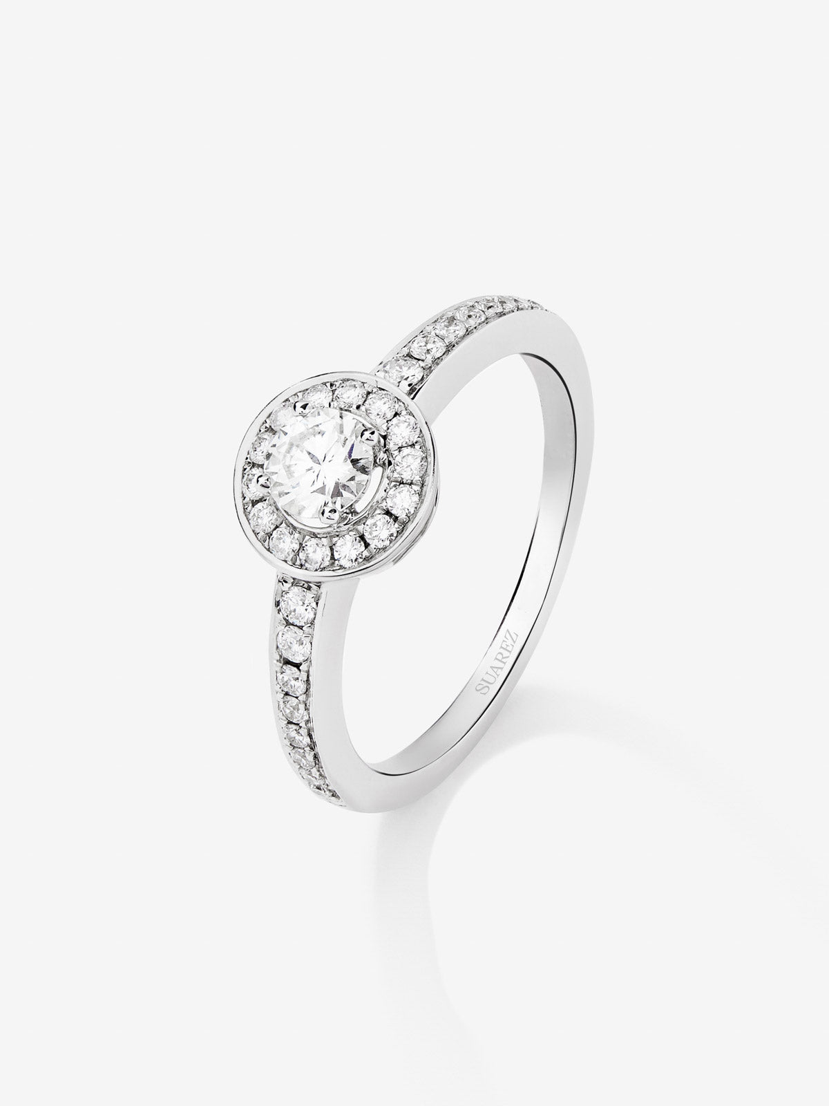 18K white gold solitaire engagement ring with diamond border