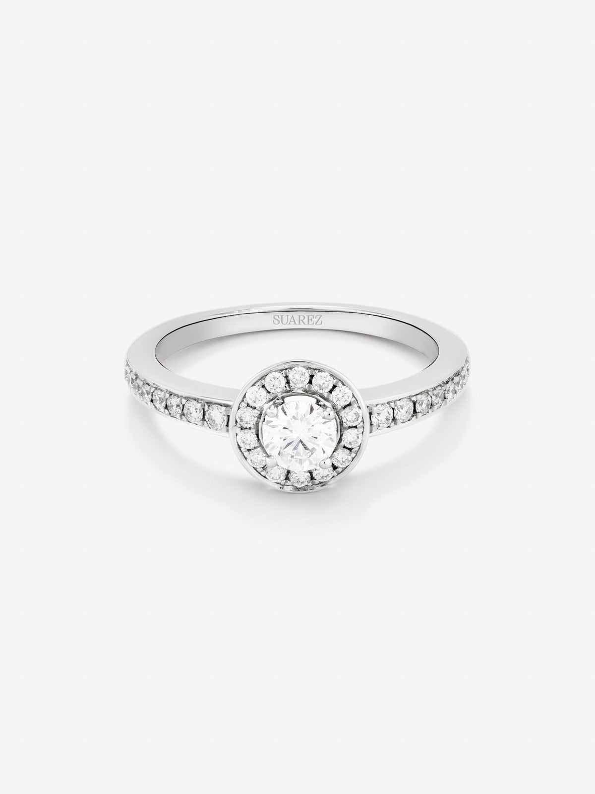 18K white gold solitaire engagement ring with diamond border