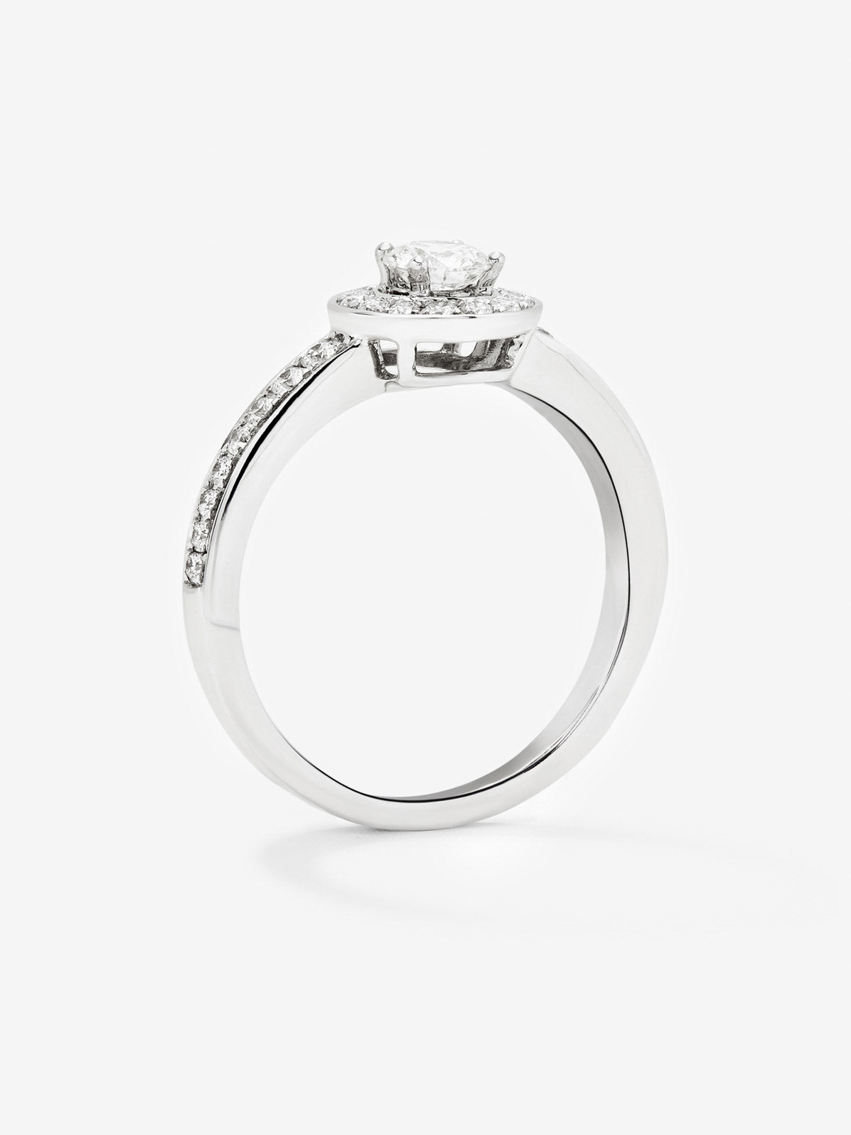 18K white gold solitaire engagement ring with diamond border