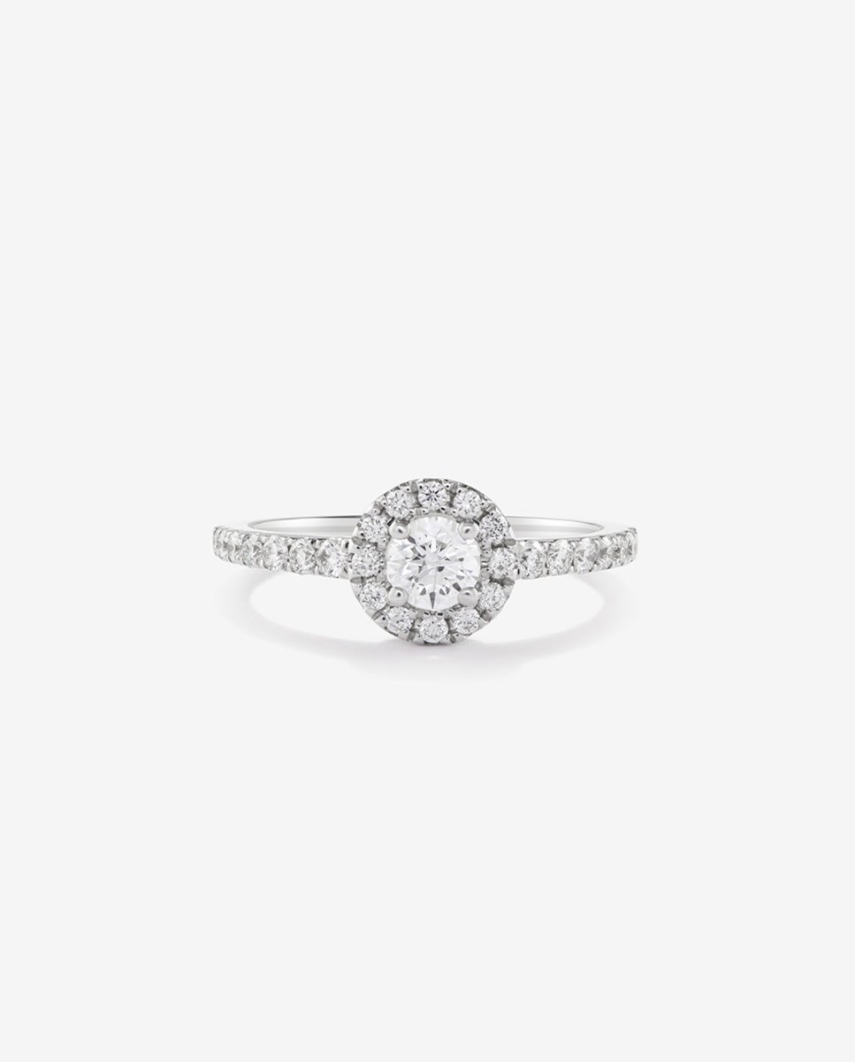 Anillo de oro blanco de 18K con diamante central en talla brillante de 0,15 cts y orla y brazo de 28 diamantes en talla brillante con un total de 0,3 cts