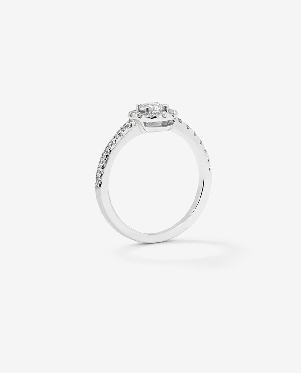 Anillo de oro blanco de 18K con diamante central en talla brillante de 0,15 cts y orla y brazo de 28 diamantes en talla brillante con un total de 0,3 cts