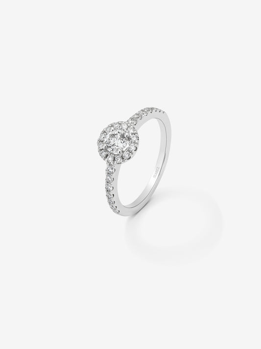 18K white gold ring with a 0.25 ct brilliant-cut central diamond and a border and arm with 26 brilliant-cut diamonds totaling 0.35 ct.