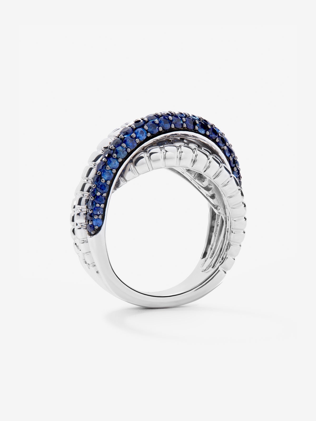 Anillo ancho multibrazo en torsadé de plata 925 con zafiros