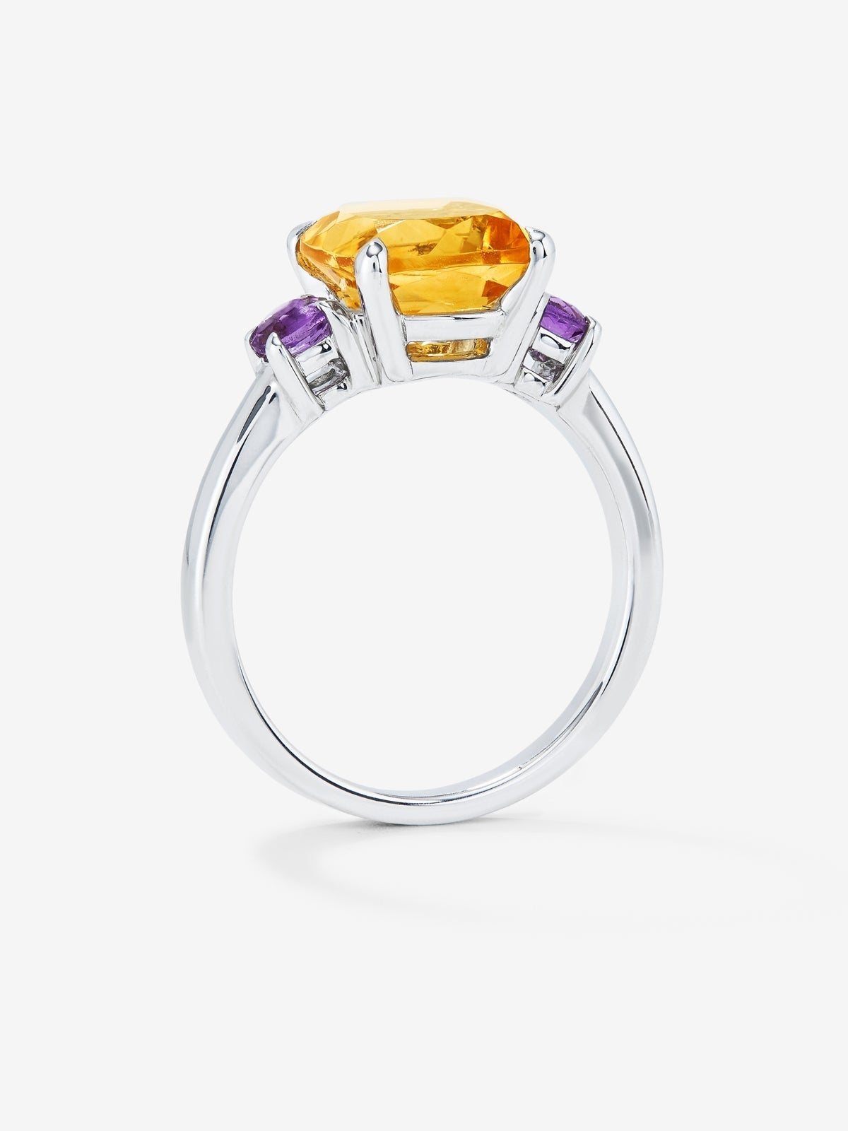 Anillo de plata con citrino central y amatistas moradas