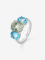 Anillo tresillo de plata 925 con amatista verde en talla oval de 2,6 cts y 2 topacios azul swiss con un total de 3,46 cts