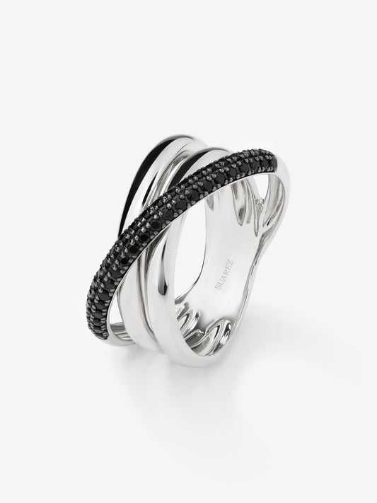 Anillo multibrazo cruzado de plata 925 con espinelas negras en talla brillante