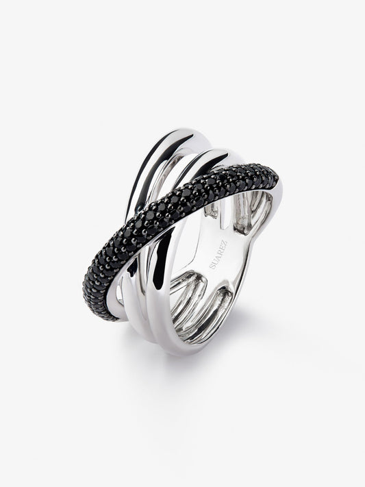 Anillo multibrazo cruzado de plata 925 con espinelas negras en talla brillante