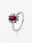 Anillo de oro blanco de 18K con rubí rojo vivid en talla oval de 1 cts y 12 diamantes en talla brillante con un total de 0,25 cts