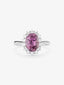 Anillo de oro blanco de 18K con zafiro rosa en talla oval de 0,55 cts y 12 diamantes en talla brillante con un total de 0,1 cts