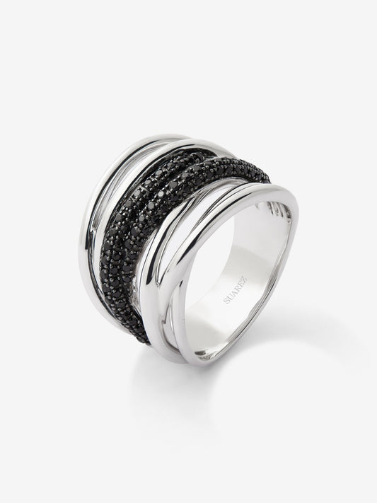 Anillo multibrazo cruzado de plata 925 con 97 espinelas negras en talla brillante
