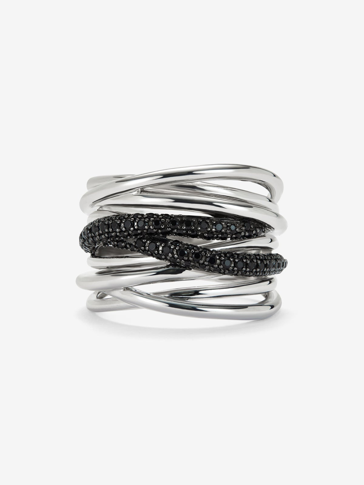 Anillo multibrazo cruzado de plata 925 con 97 espinelas negras en talla brillante