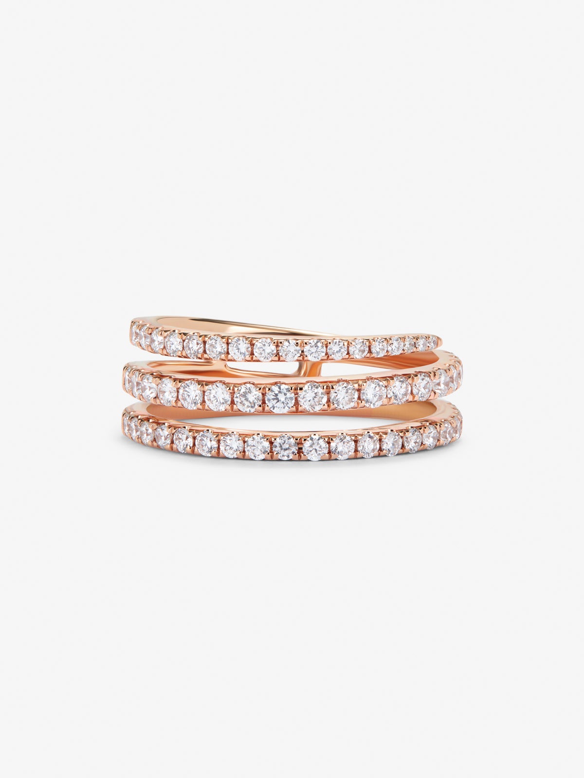 Anillo triple de oro rosa de 18K con 55 diamantes en talla brillante con un total de 0,68 cts