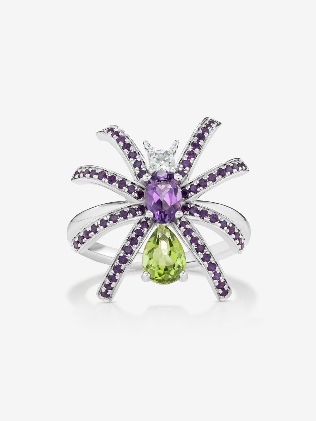 Anillo araña de plata con peridotos y amatistas