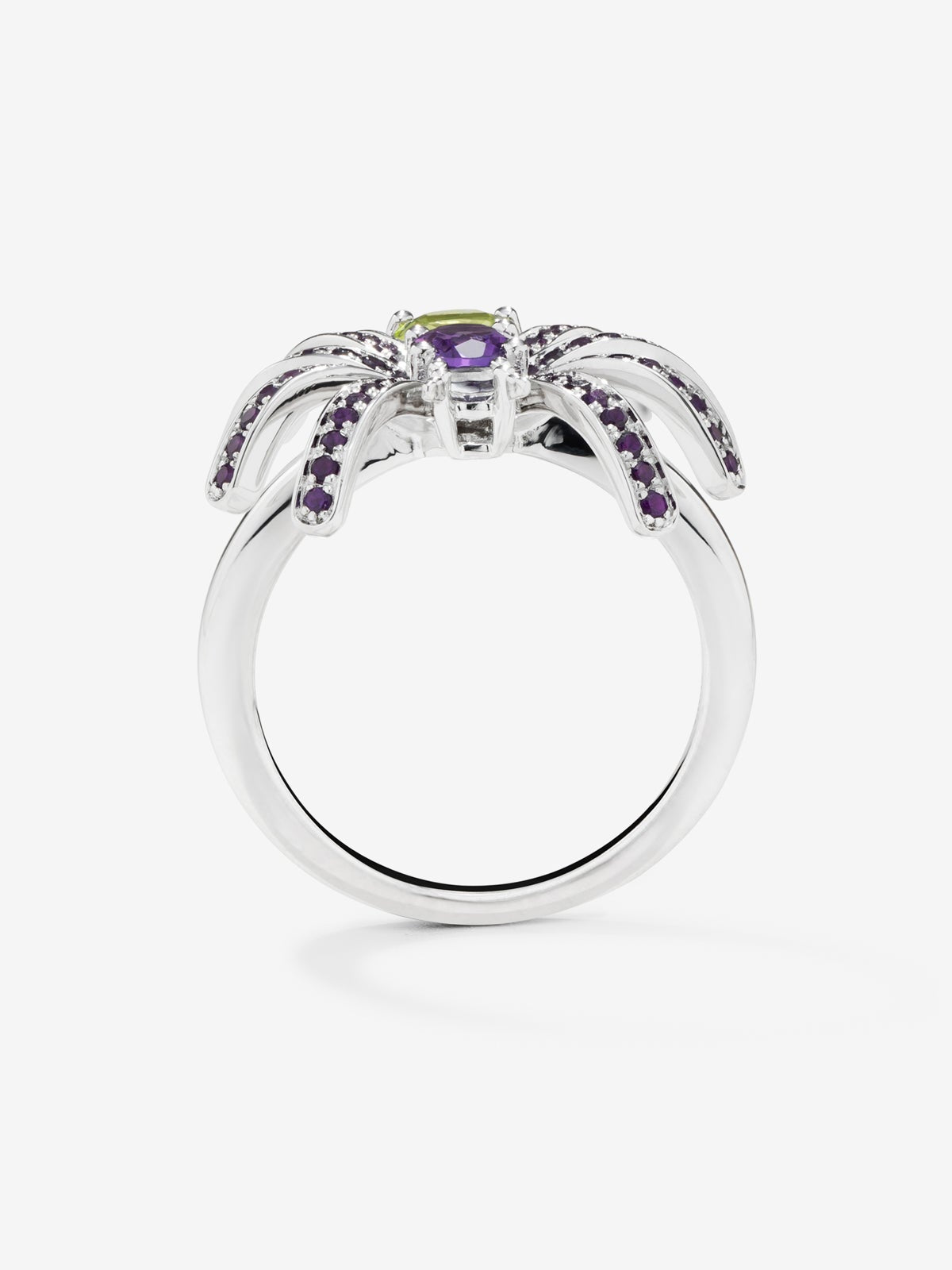 Anillo araña de plata con peridotos y amatistas