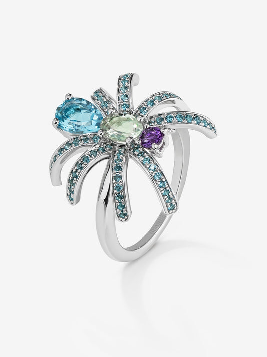 Anillo araña de plata con topacios y amatistas