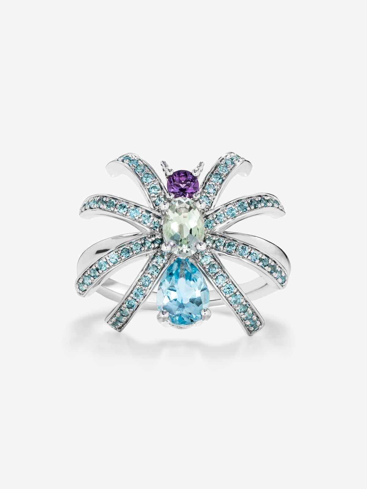 Anillo araña de plata con topacios y amatistas