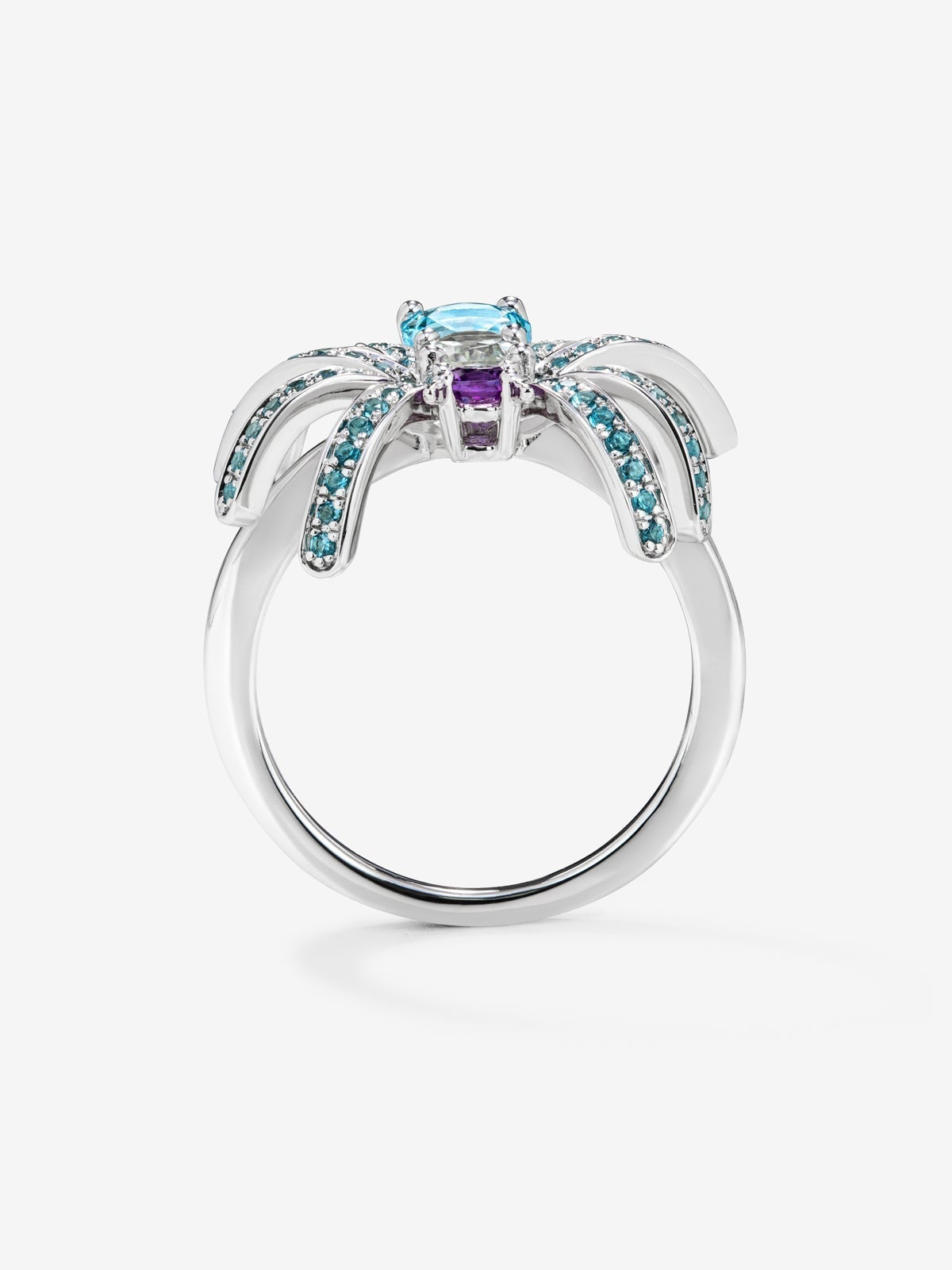 Anillo araña de plata con topacios y amatistas