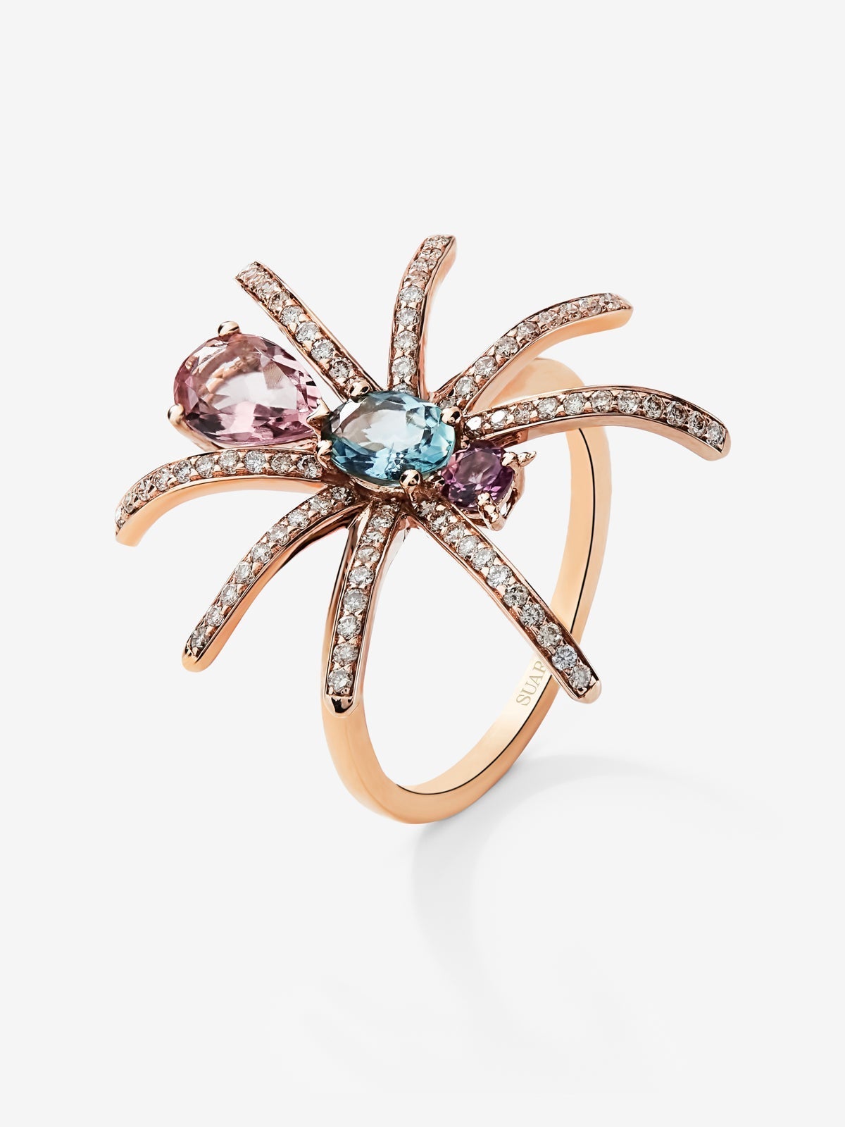 Anillo insecto de oro rosa de 18K con diamante y turmalina