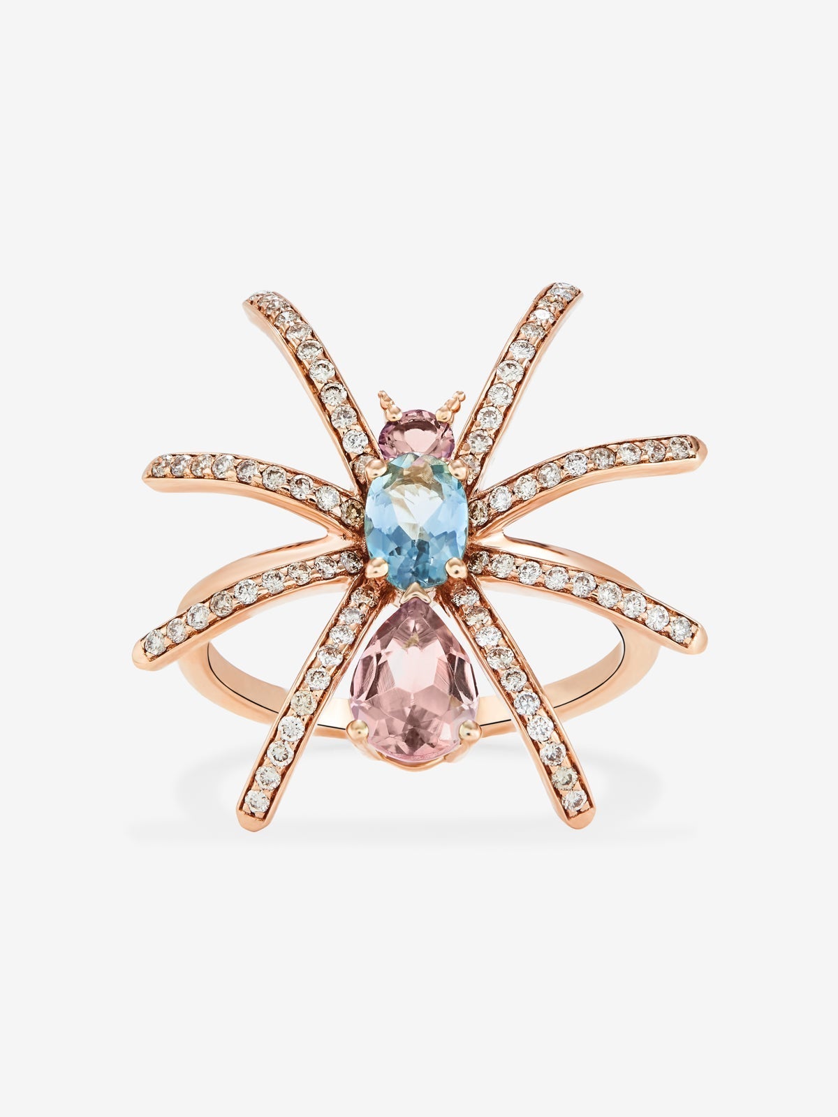 Anillo insecto de oro rosa de 18K con diamante y turmalina