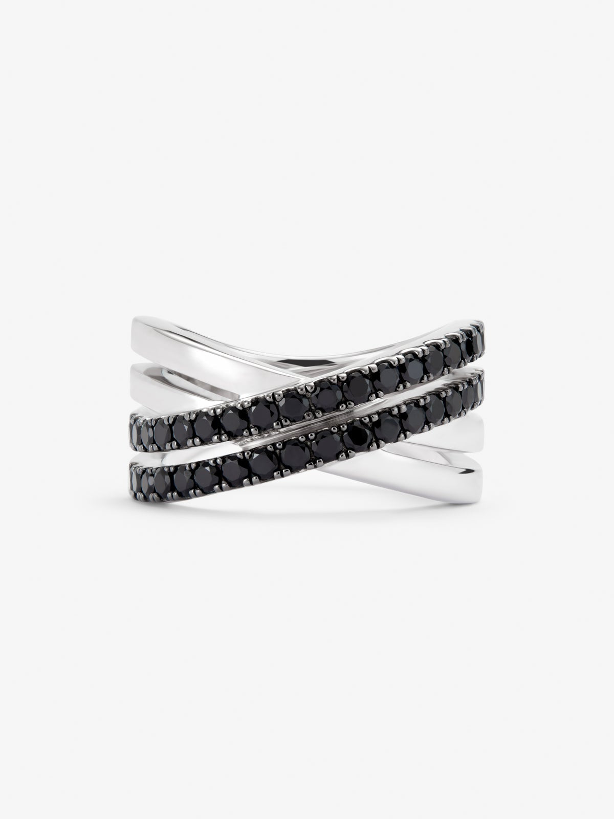 Anillo multibrazo cruzado de plata 925 con 36 espinelas negras en talla brillante con un total de 0,36 cts