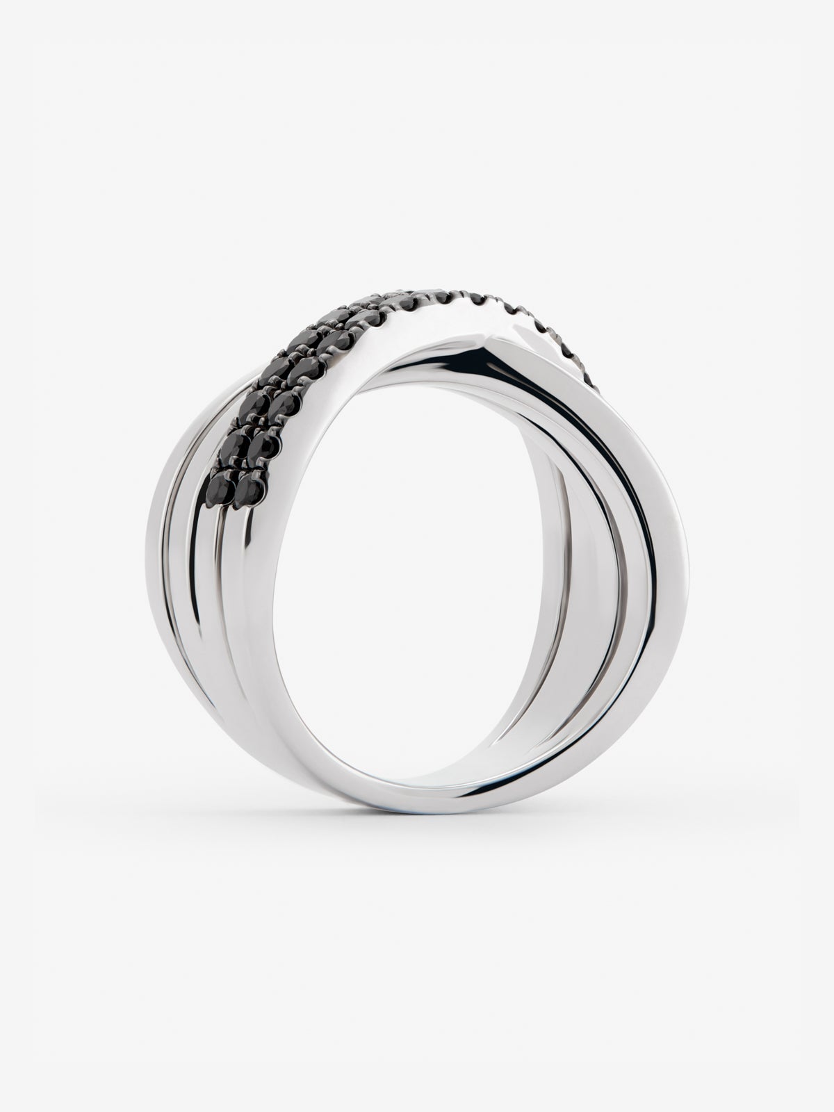 Anillo multibrazo cruzado de plata 925 con 36 espinelas negras en talla brillante con un total de 0,36 cts