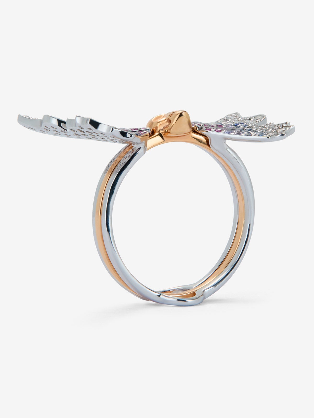 Anillo mariposa de oro blanco y rosa de 18K con pavé de diamantes grises y zafiros multicolor en talla brillante con un total de 1,15 cts