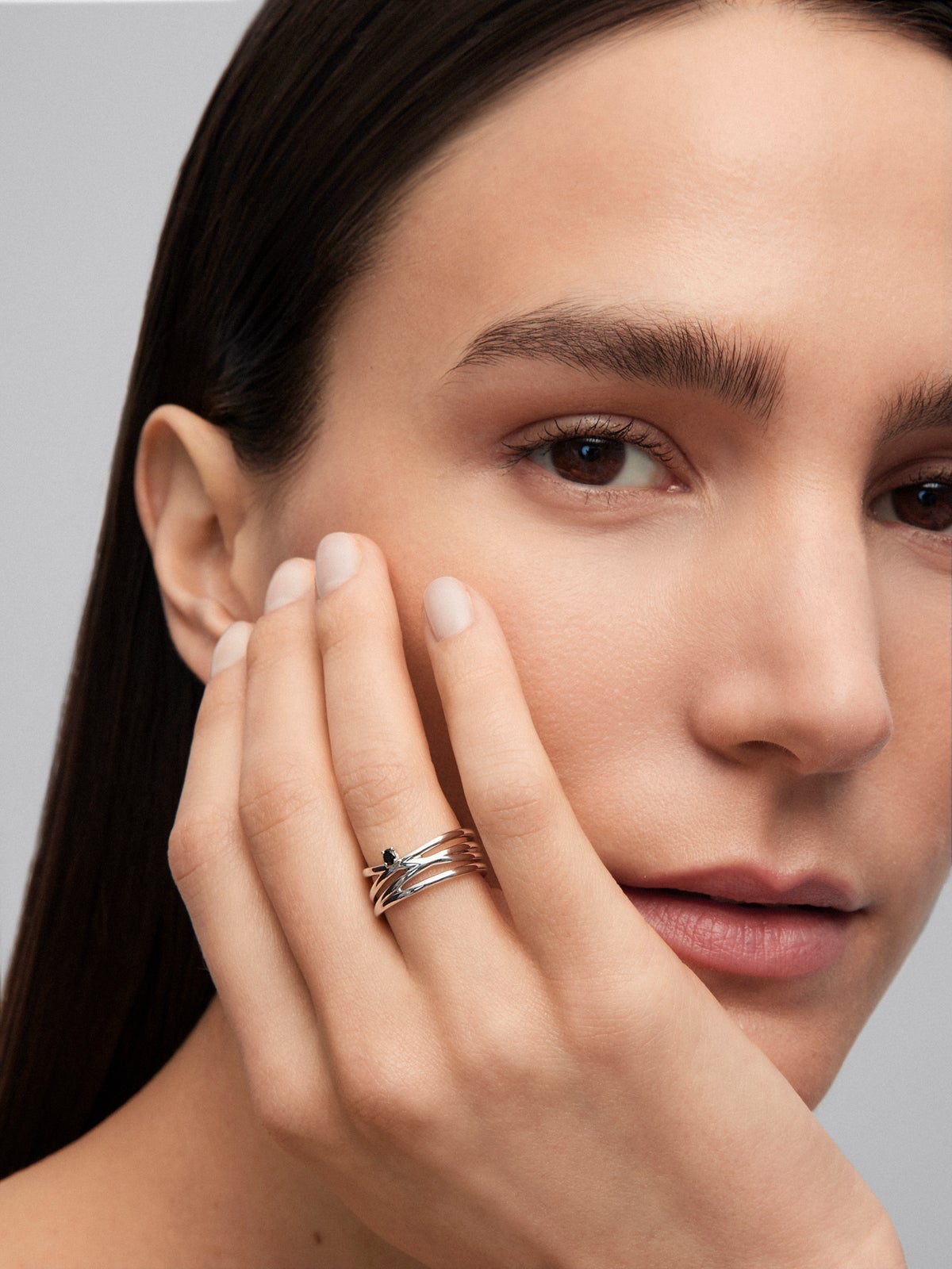 Cross multi-arm ring in 925 silver with brilliant-cut black spinel