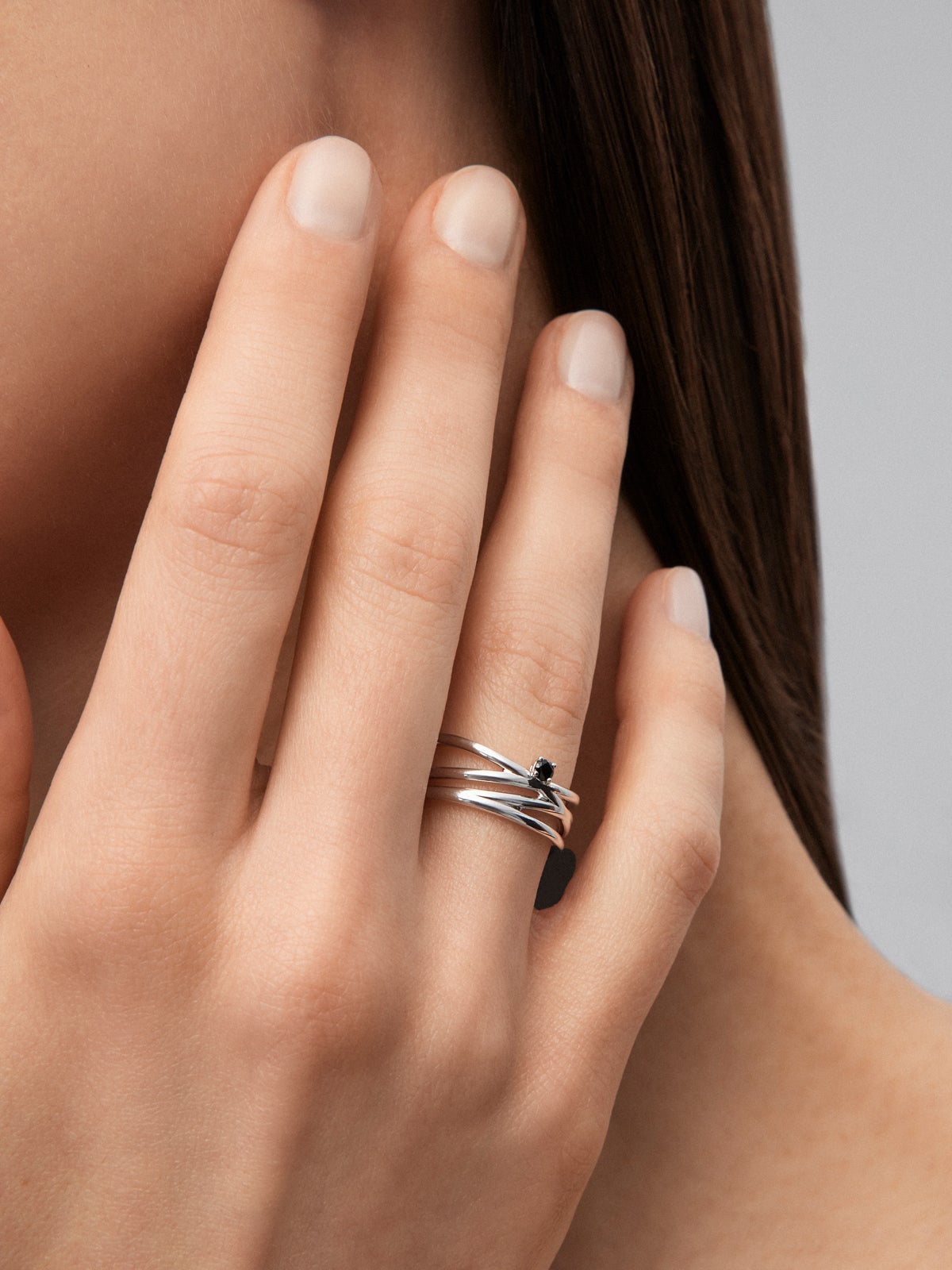 Cross multi-arm ring in 925 silver with brilliant-cut black spinel