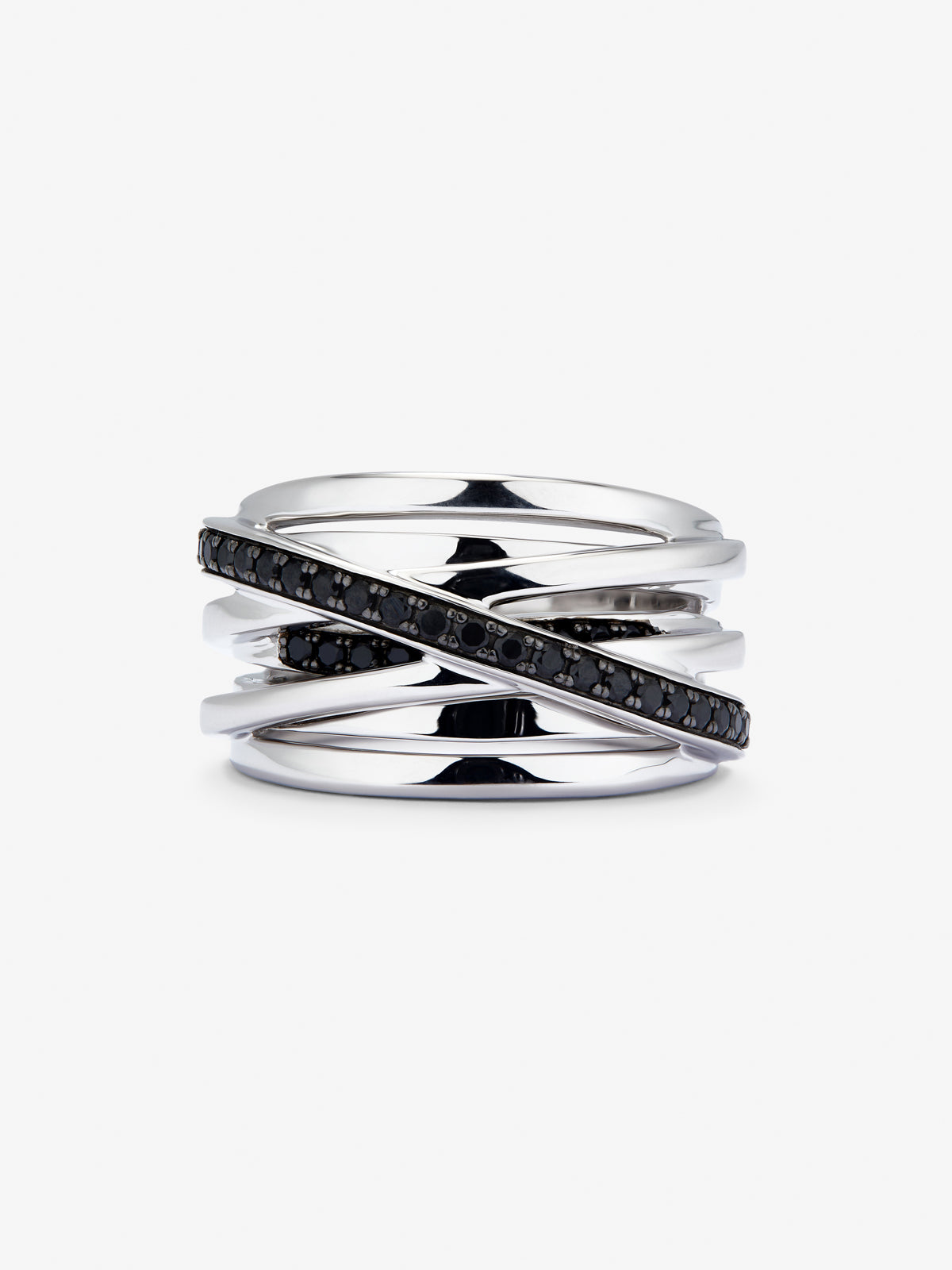 Anillo multibrazo cruzado de plata 925 con 36 espinelas negras en talla brillante