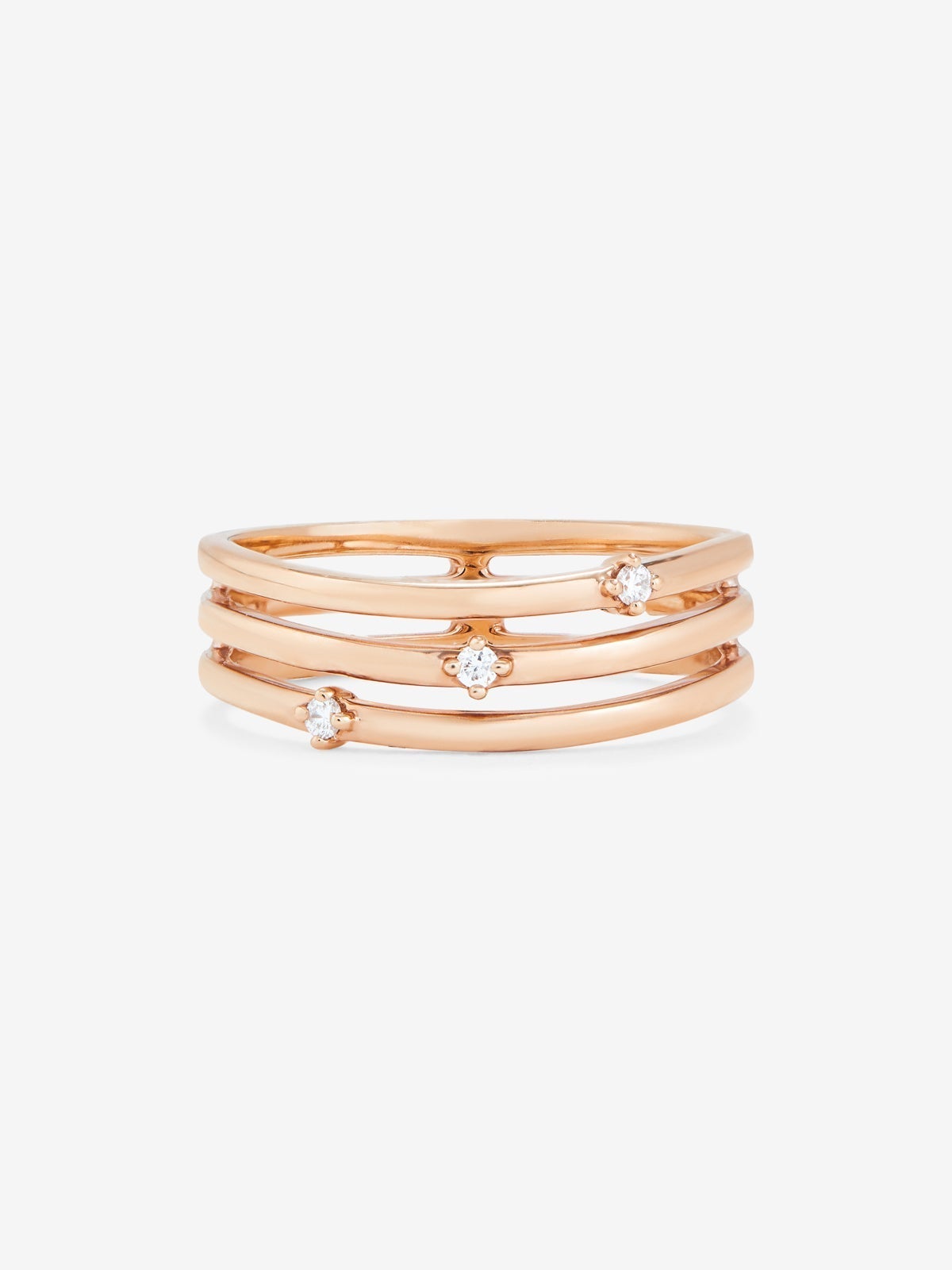 Anillo triple brazo de oro rosa de 18K con diamantes