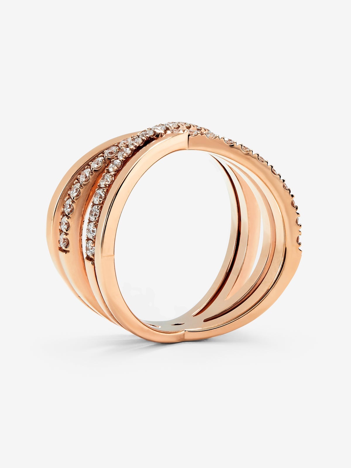 Anillo cruzado de oro rosa de 18K con 40 diamantes en talla brillante con un total de 0,56 cts