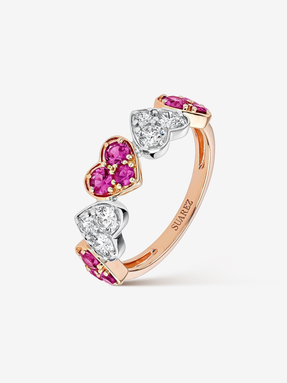Anillo corazones de oro rosa y oro blanco de 18kt con zafiros rosas y diamantes