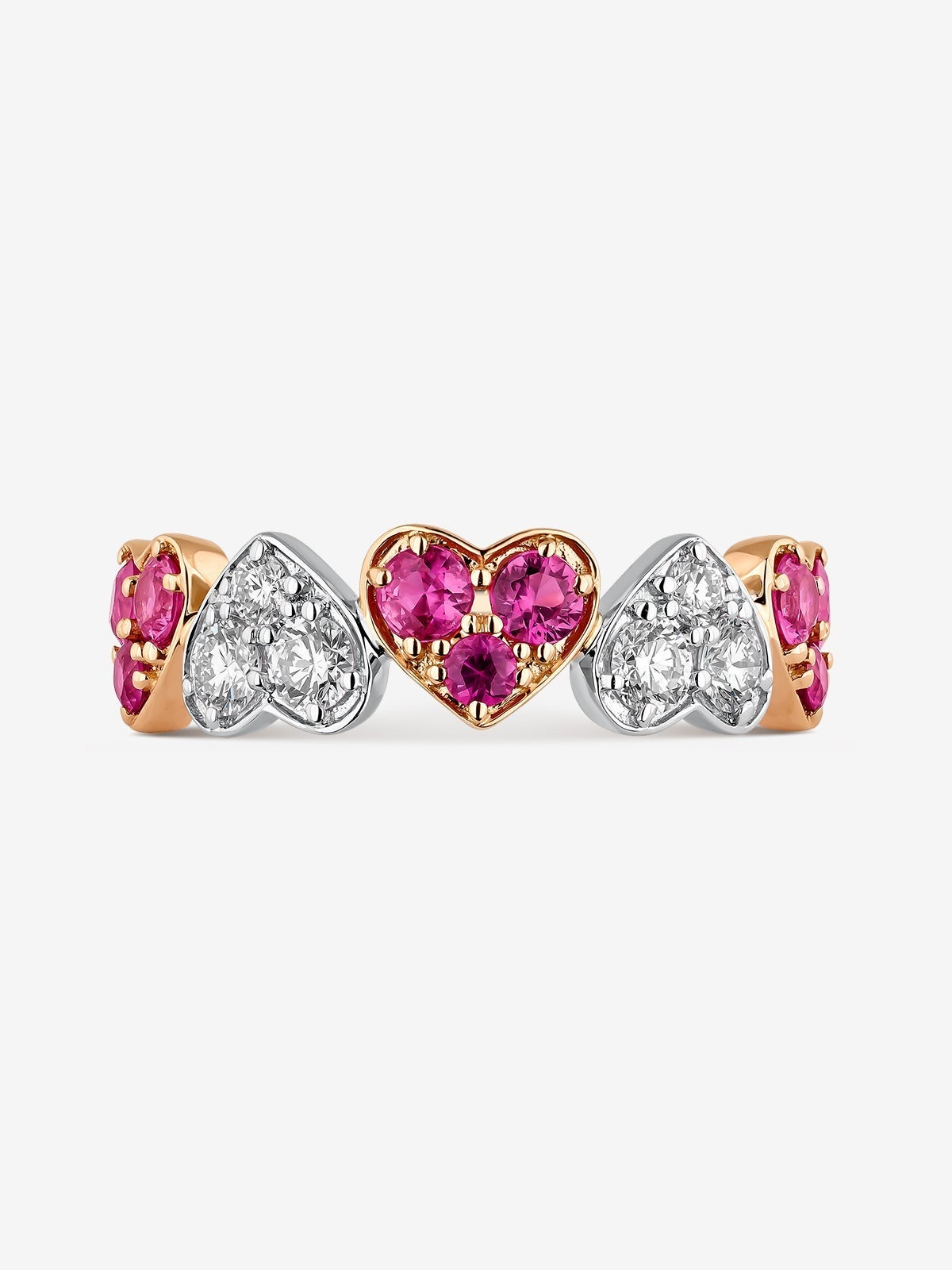 Anillo corazones de oro rosa y oro blanco de 18kt con zafiros rosas y diamantes