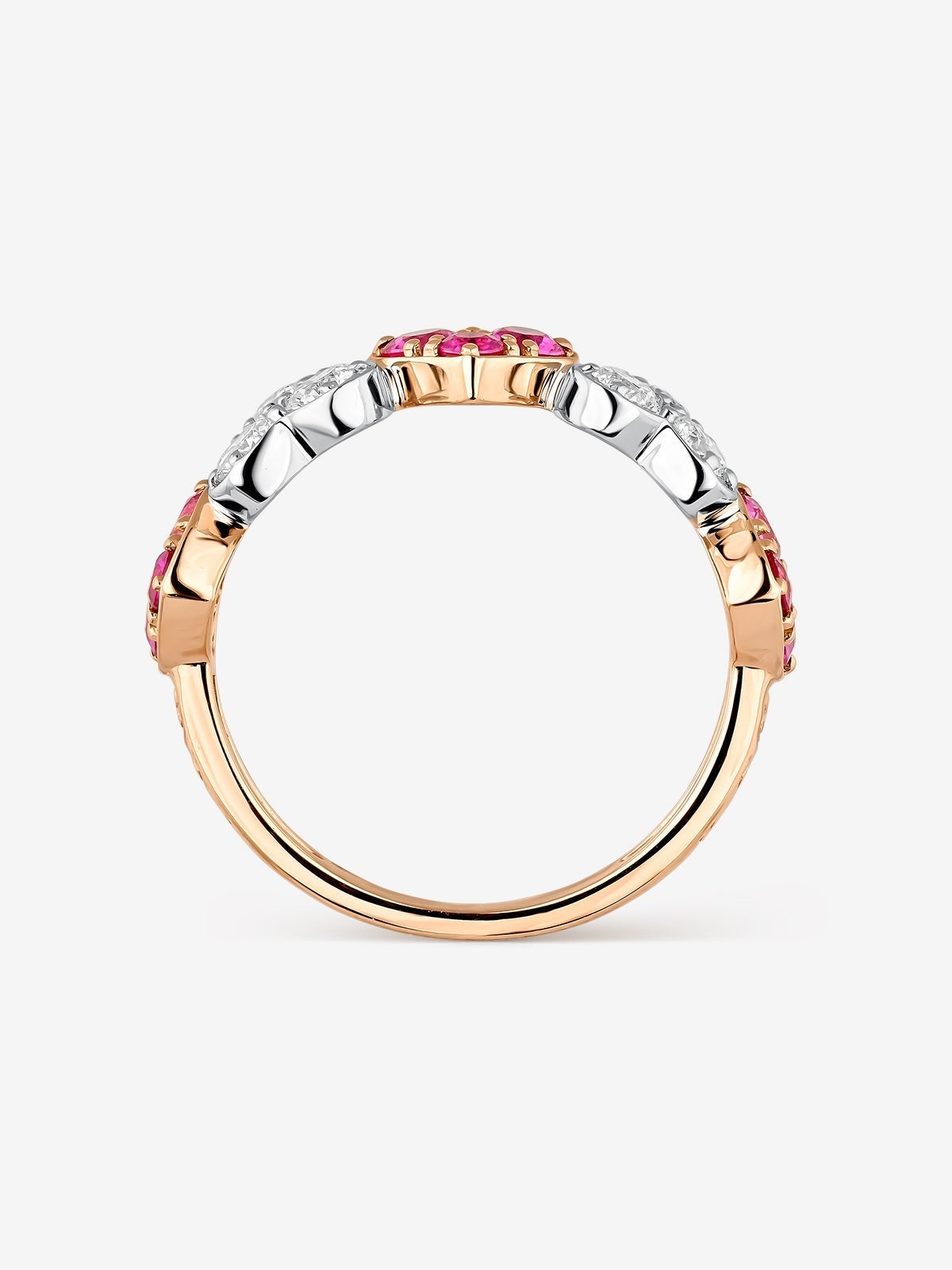 Anillo corazones de oro rosa y oro blanco de 18kt con zafiros rosas y diamantes