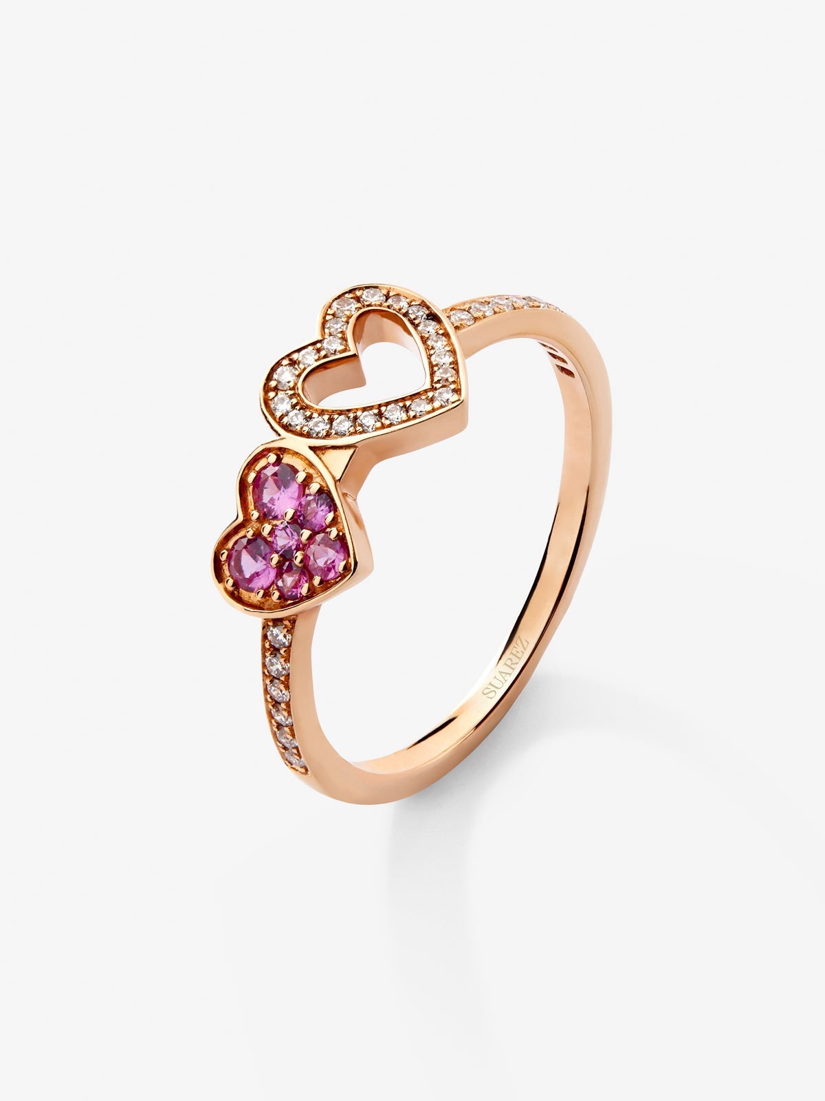 Anillo de corazones de oro rosa de 18kt con diamantes y zafiros rosas