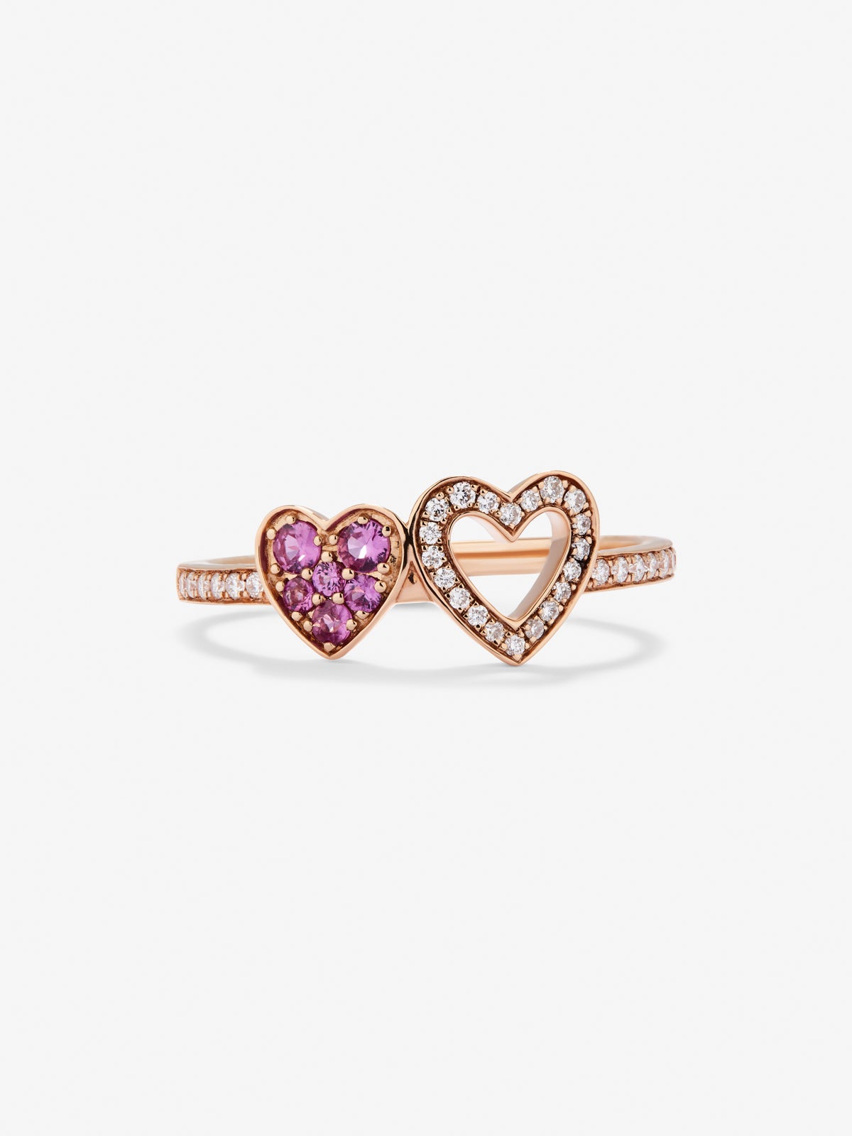 Anillo de corazones de oro rosa de 18kt con diamantes y zafiros rosas