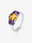 Anillo tresillo de plata 925 con cuarzo citrino en talla cushion de 1,53 cts y 2 amatistas moradas en talla cushion con un total de 0,68 cts